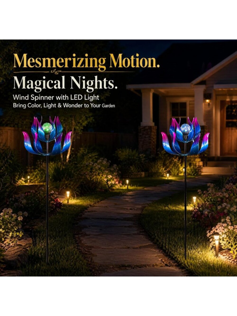 61'' Solar Wind Spinner - Large Metal Kinetic Garden Art with LED Crackle Globe - Picture 7 of 9
